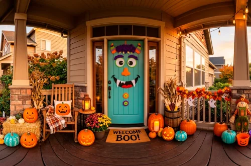 Front porch decorated for Halloween with a friendly monster door cover and colorful pumpkins.