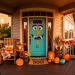 Front porch decorated for Halloween with a friendly monster door cover and colorful pumpkins.