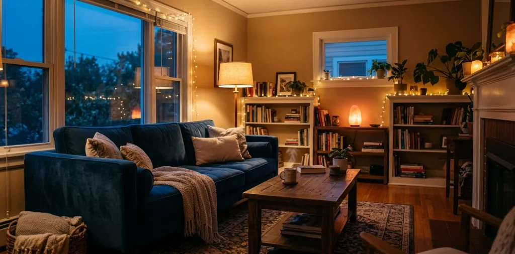Cozy living room illuminated by soft ambient lighting for a relaxing evening vibe