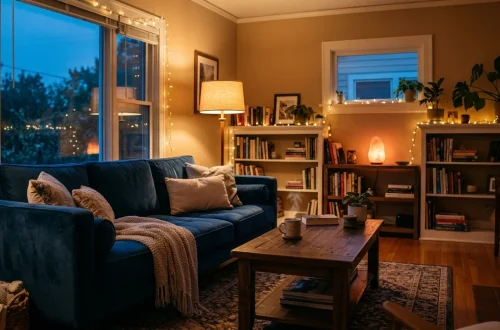 Cozy living room illuminated by soft ambient lighting for a relaxing evening vibe