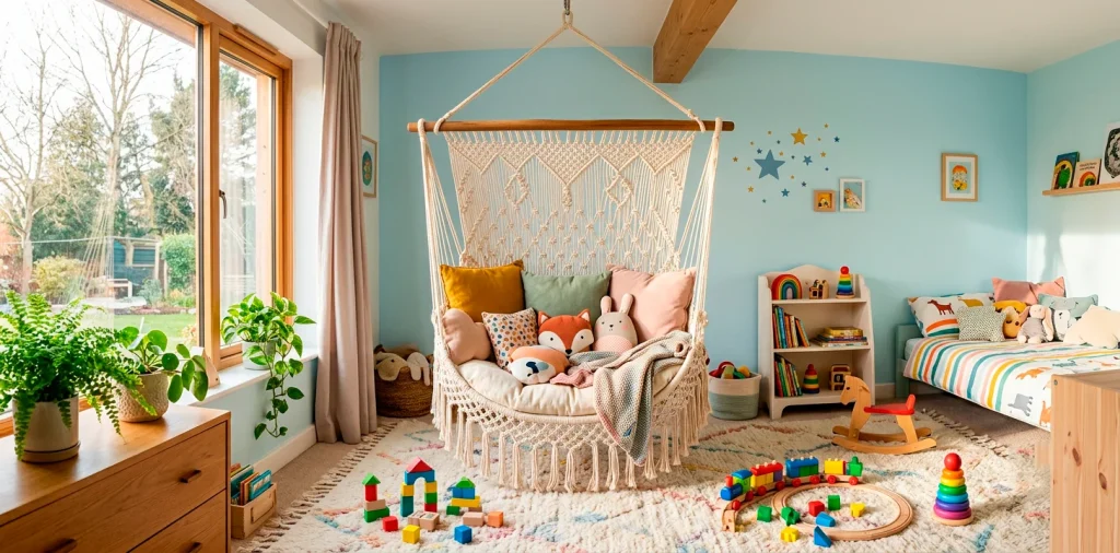 Cozy kids bedroom featuring a whimsical hanging macrame chair with colorful pillows and soft natural sunlight.
