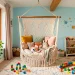 Cozy kids bedroom featuring a whimsical hanging macrame chair with colorful pillows and soft natural sunlight.