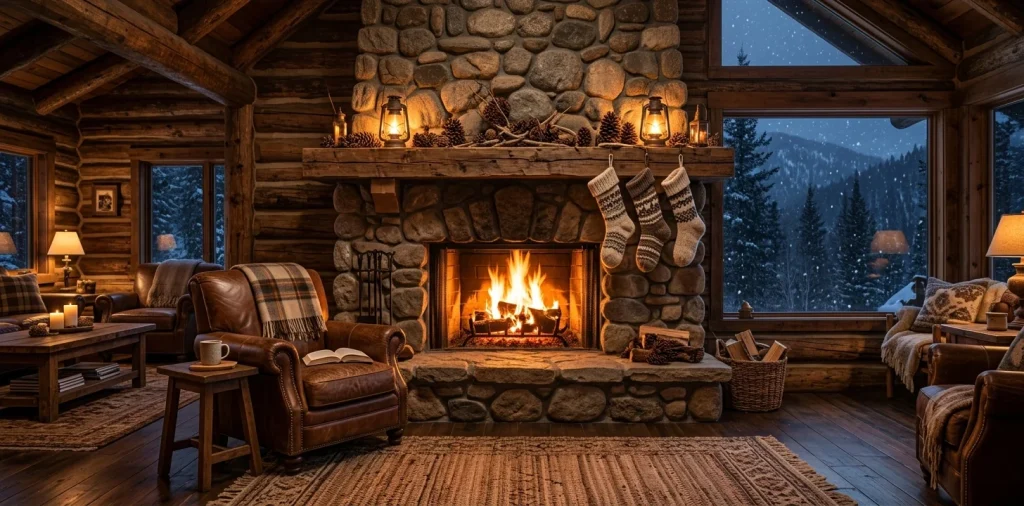 A wide view of a cozy cabin living room featuring a stone fireplace with rustic decor and a warm fire glowing.