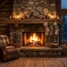 A wide view of a cozy cabin living room featuring a stone fireplace with rustic decor and a warm fire glowing.