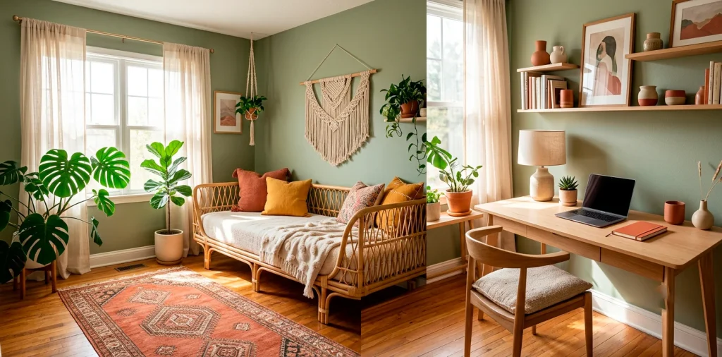 Relaxing boho office and guest room featuring a cozy rattan daybed, lush plants, and a vintage rug.