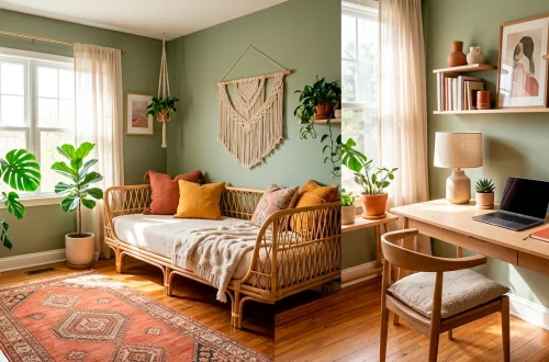 Relaxing boho office and guest room featuring a cozy rattan daybed, lush plants, and a vintage rug.