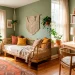Relaxing boho office and guest room featuring a cozy rattan daybed, lush plants, and a vintage rug.