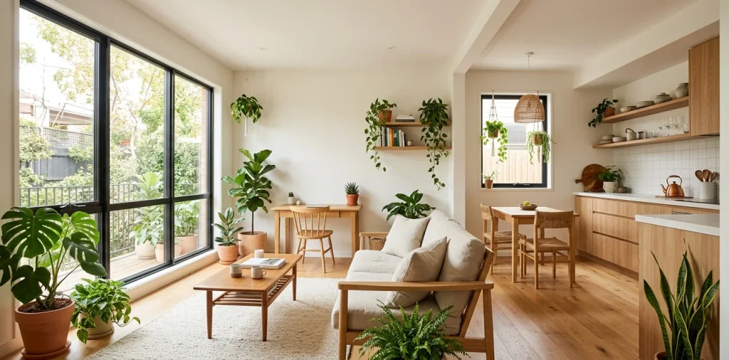 Eco-friendly small space apartment interior with natural wood furniture and indoor plants