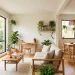 Eco-friendly small space apartment interior with natural wood furniture and indoor plants