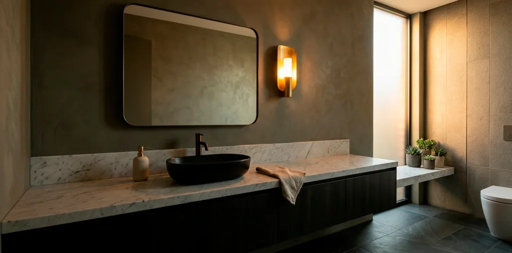 Luxurious powder room interior featuring dark moody walls, a glowing brass sconce, and an elegant vanity setup.