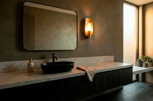 Luxurious powder room interior featuring dark moody walls, a glowing brass sconce, and an elegant vanity setup.
