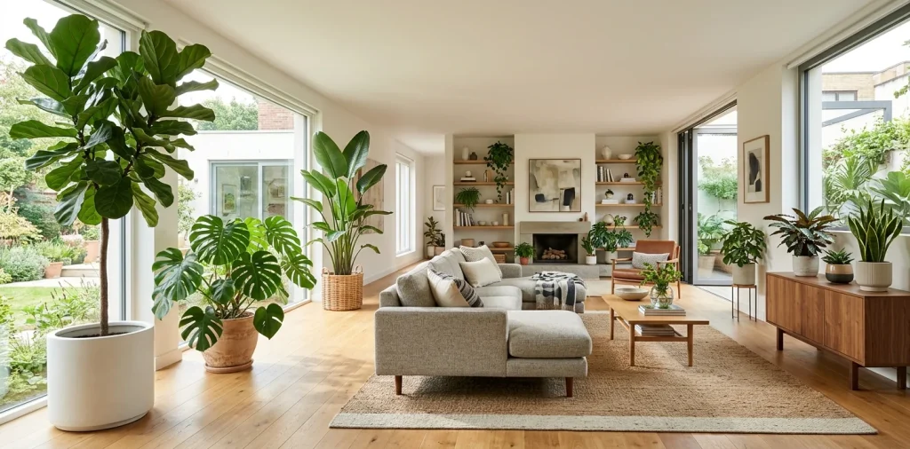 A brightly lit modern living room featuring large indoor plants like fiddle leaf figs and monsteras in stylish decorative pots.