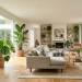 A brightly lit modern living room featuring large indoor plants like fiddle leaf figs and monsteras in stylish decorative pots.