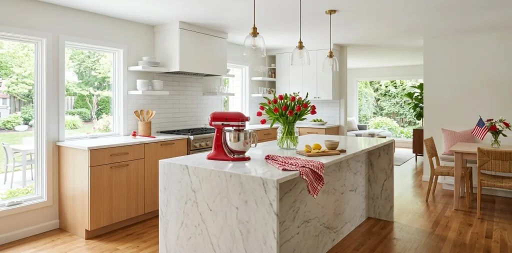 Bright modern kitchen decorated for Memorial Day featuring striking bold red accents and natural sunlight.