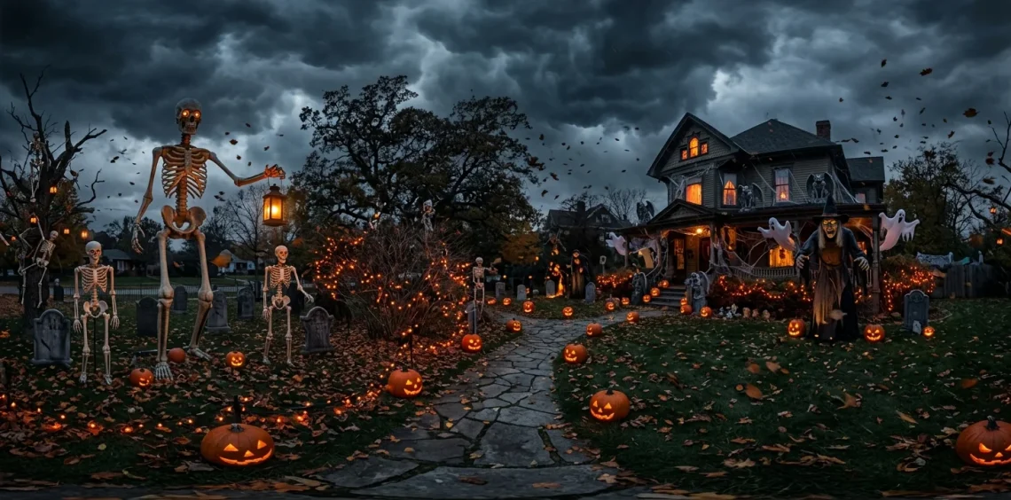 High-end outdoor Halloween decorations standing strong in a stormy autumn yard with glowing orange lights.
