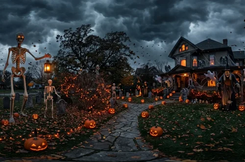 High-end outdoor Halloween decorations standing strong in a stormy autumn yard with glowing orange lights.