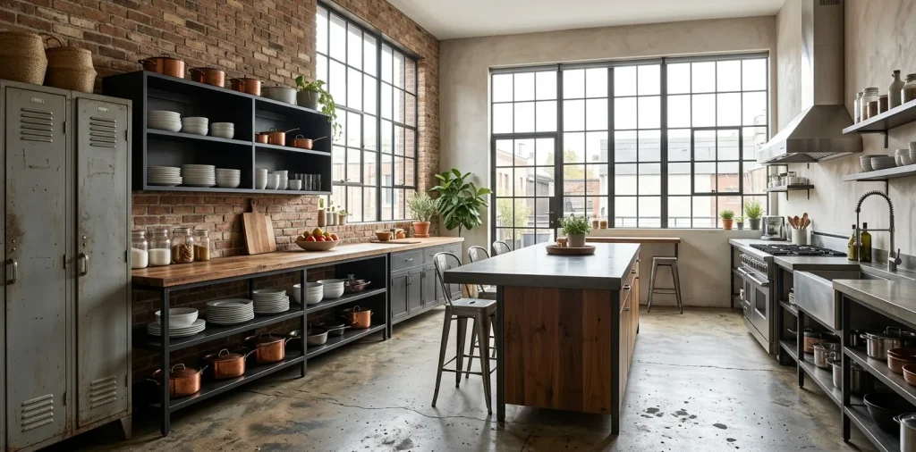 A modern industrial kitchen with black metal shelving, copper cookware, and a vintage gray locker serving as a pantry.