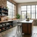 A modern industrial kitchen with black metal shelving, copper cookware, and a vintage gray locker serving as a pantry.