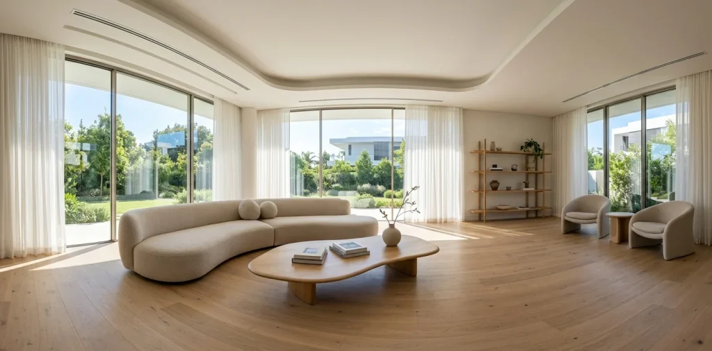 Bright airy modern 2026 living room with natural sunlight and organic curved furniture