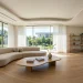 Bright airy modern 2026 living room with natural sunlight and organic curved furniture