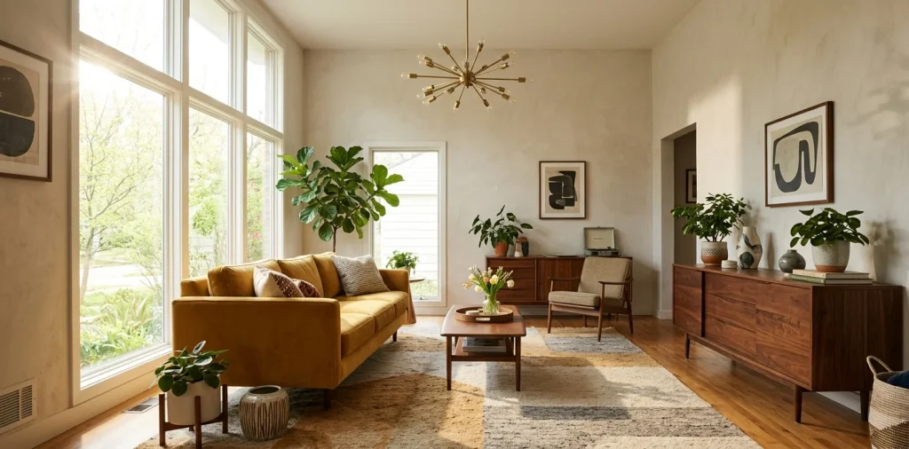 Bright spring mid-century modern living room featuring a mustard velvet sofa, walnut credenza, and geometric area rug.