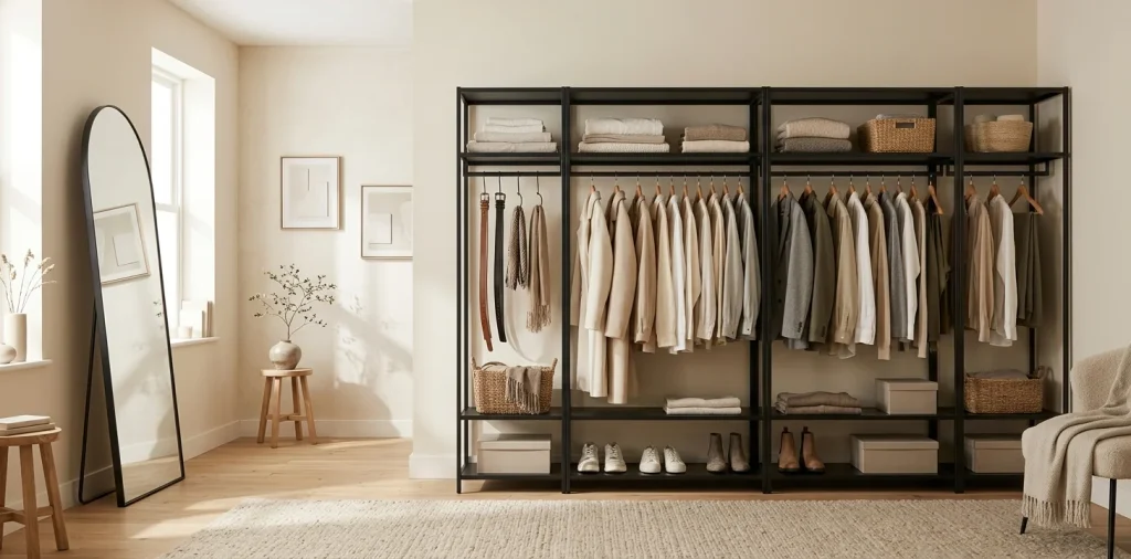 Minimalist dressing room featuring an open wardrobe, neutral color palette, and soft natural lighting