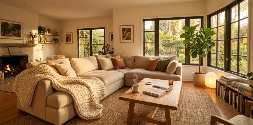 Cozy living room with a large ivory chunky knit blanket draped over a beige sofa during golden hour