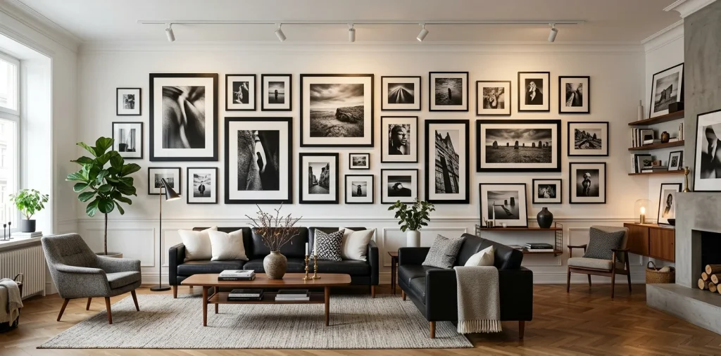 A modern living room showcasing a dramatic high-contrast black and white photo gallery wall over a stylish sofa.