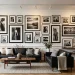 A modern living room showcasing a dramatic high-contrast black and white photo gallery wall over a stylish sofa.