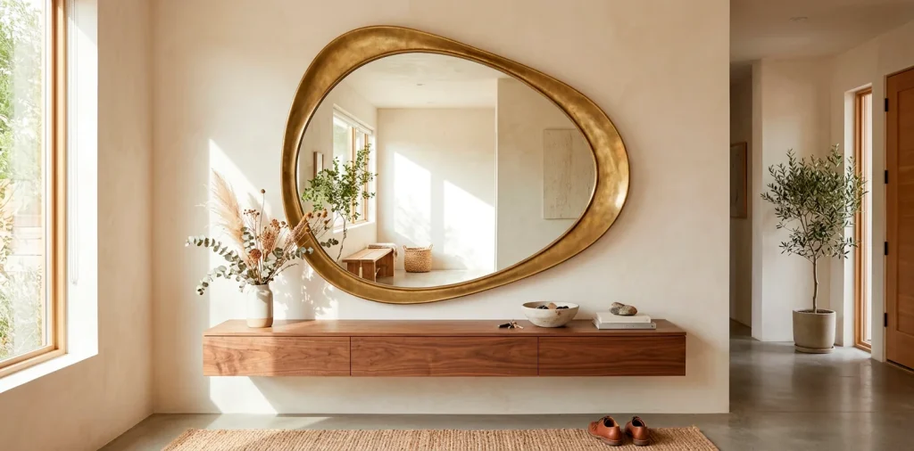 Large asymmetrical brass decorative mirror in a modern entryway above a walnut console table.