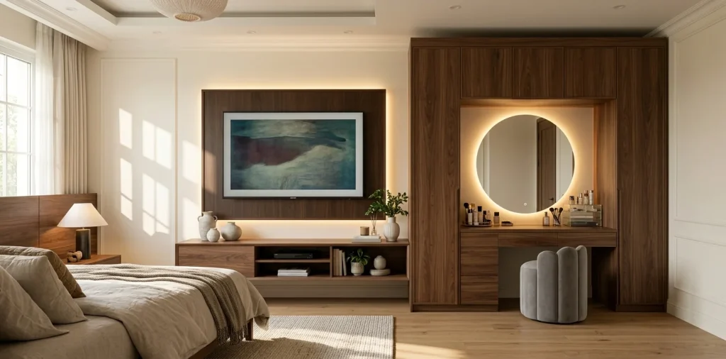 Modern bedroom TV wall with seamlessly integrated makeup vanity and soft LED lighting.
