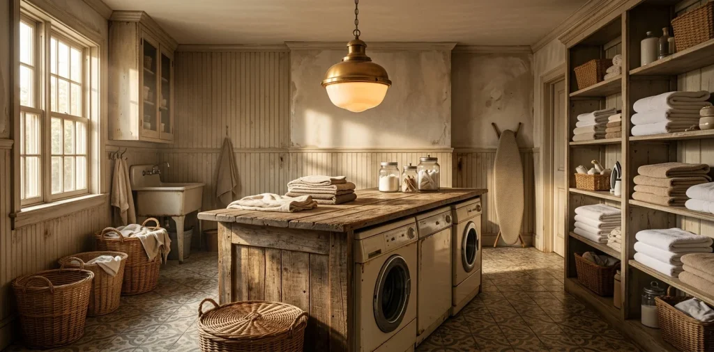 Cozy vintage laundry room featuring a glowing brass schoolhouse pendant light and rustic wood counter.