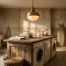 Cozy vintage laundry room featuring a glowing brass schoolhouse pendant light and rustic wood counter.