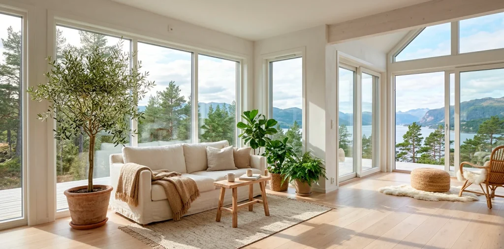 Bright Scandinavian style sunroom with large windows, white walls, and cozy linen seating.