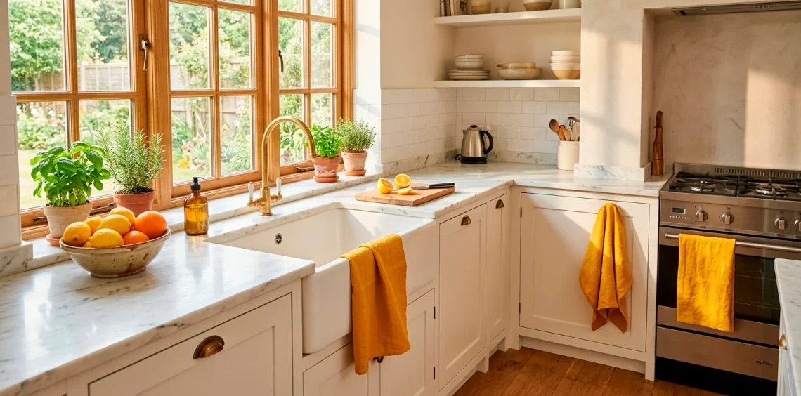 Bright sunlit kitchen featuring vibrant marigold yellow dish towels hanging on a white farmhouse sink and oven handle.