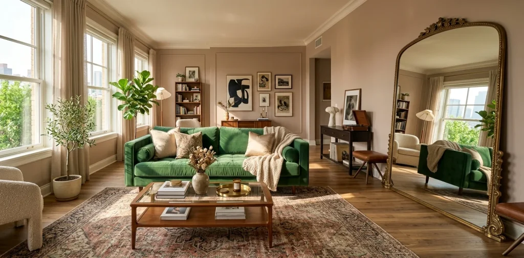 Modern living room decorated with vintage-inspired furniture and rich textures