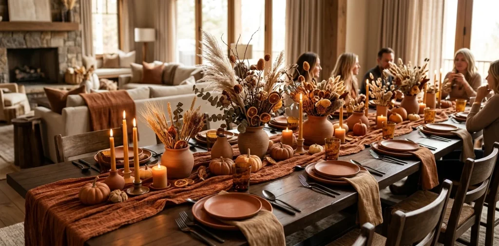 Warm terracotta monochromatic Thanksgiving tablescape featuring ceramic plates and autumn florals.
