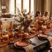 Warm terracotta monochromatic Thanksgiving tablescape featuring ceramic plates and autumn florals.