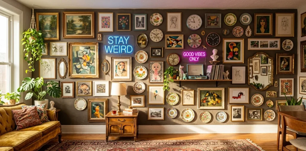 A wide view of a funky living room featuring an eclectic gallery wall with neon signs and vintage art