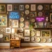 A wide view of a funky living room featuring an eclectic gallery wall with neon signs and vintage art