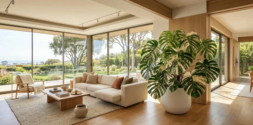 Stunning large variegated Monstera Albo housed in a matte white planter decorating a high-end modern living room.
