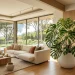 Stunning large variegated Monstera Albo housed in a matte white planter decorating a high-end modern living room.