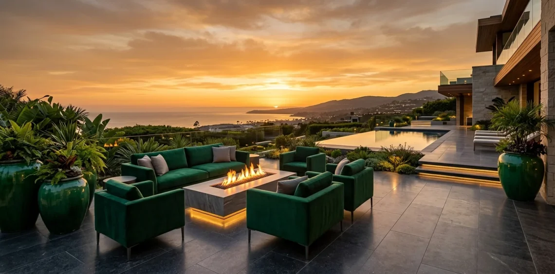 Luxury outdoor patio featuring emerald green furniture, planter pots, and a glowing fire table at sunset