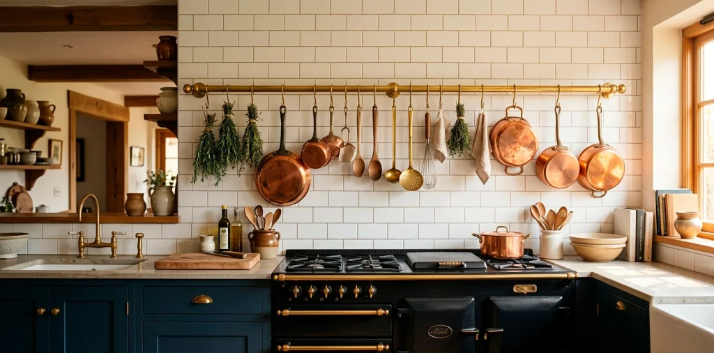 Solid brass herb rail mounted on a traditional kitchen backsplash above a vintage stove