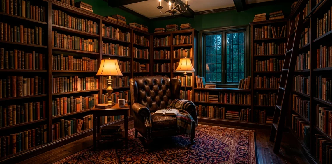 A wide view of a dark cottagecore home library with deep green walls, vintage wooden shelves, and cozy seating.