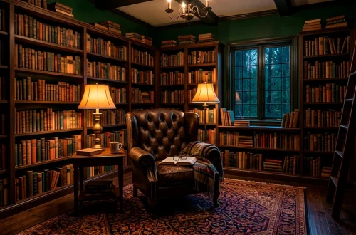A wide view of a dark cottagecore home library with deep green walls, vintage wooden shelves, and cozy seating.