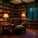 A wide view of a dark cottagecore home library with deep green walls, vintage wooden shelves, and cozy seating.