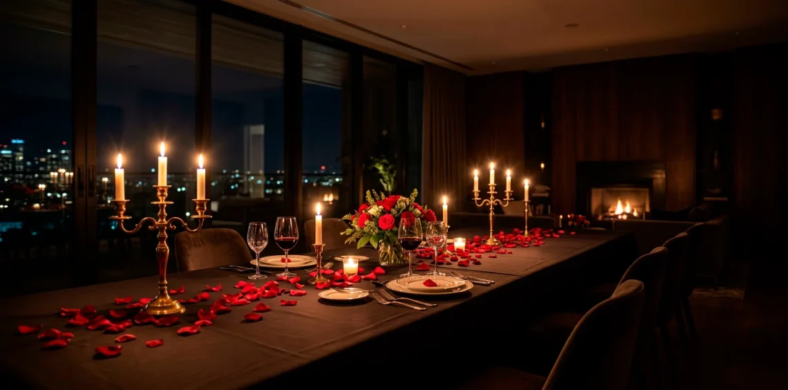 Romantic anniversary dinner table setting illuminated by warm candlelight and brass candelabras