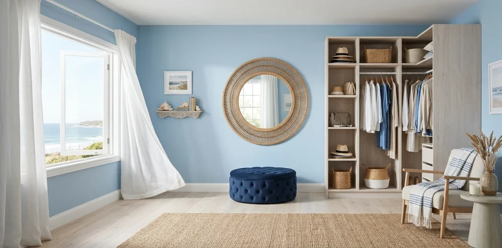 A wide coastal dressing room featuring breezy blue walls, rattan accents, and light oak floors bathed in sunlight.