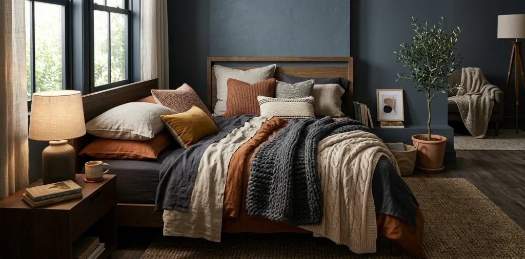 Beautifully styled Twin XL bed transformed into a cozy sanctuary with layered earthy linens and chunky blankets.